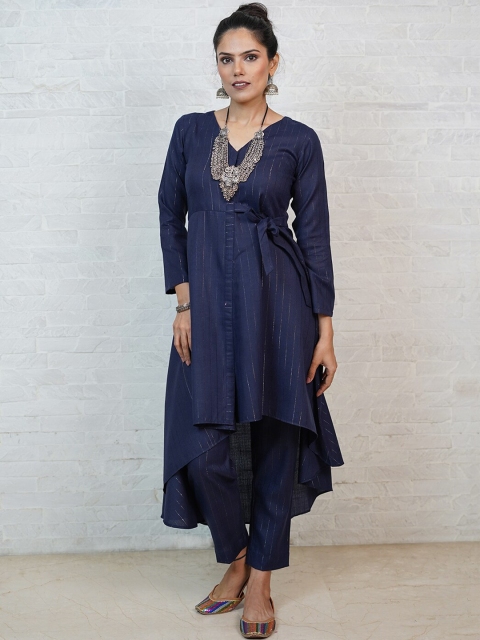 

FABNEST Women Navy Blue Striped High Low Angrakha Linen Kurta With Trouser