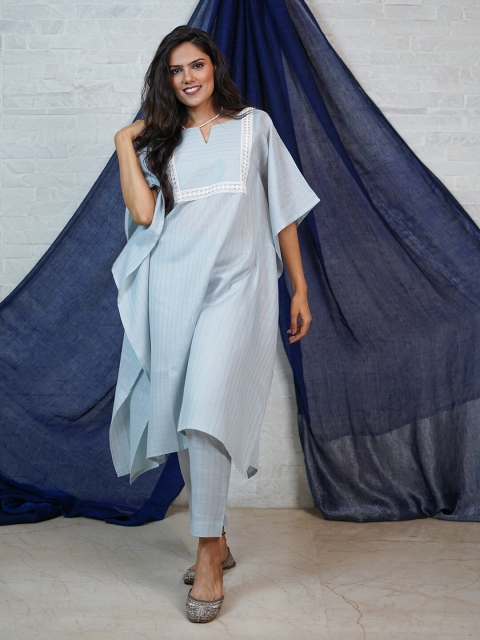 

FABNEST Women Blue Striped Linen Kaftan Kurta With Trouser