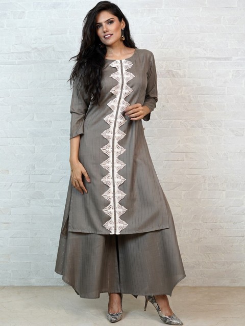 

FABNEST Women Grey And White Round Neck Striped Linen Kurta With Palazzo