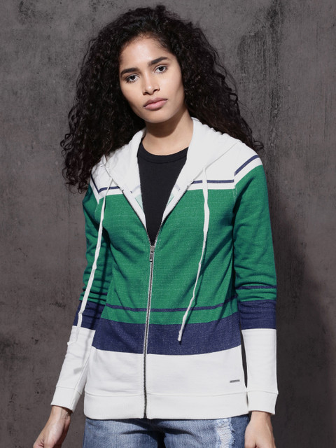 

Roadster Women White & Green Striped Hooded Sweatshirt
