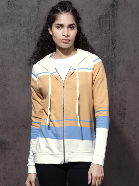 

Roadster Women Beige & White Striped Hooded Sweatshirt
