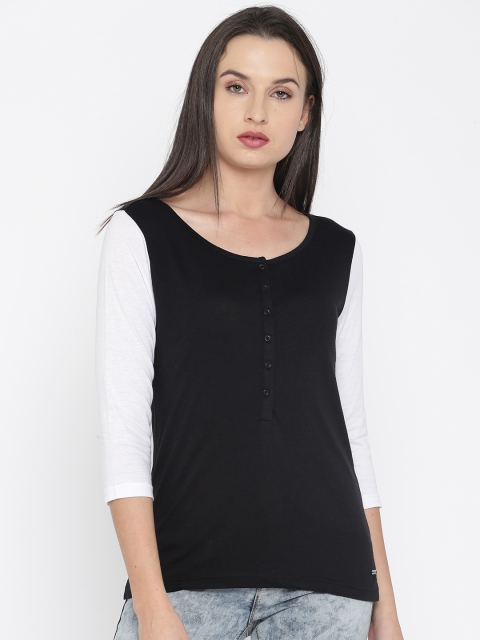 

Roadster Women Black Solid Henley Neck T-shirt