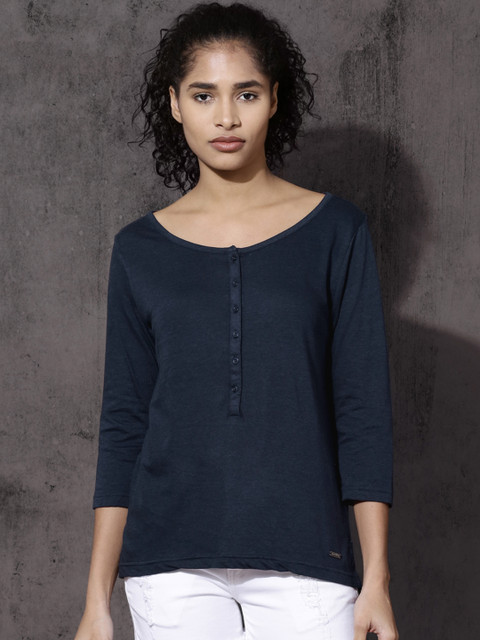 

Roadster Women Navy Blue Solid Henley Neck T-shirt