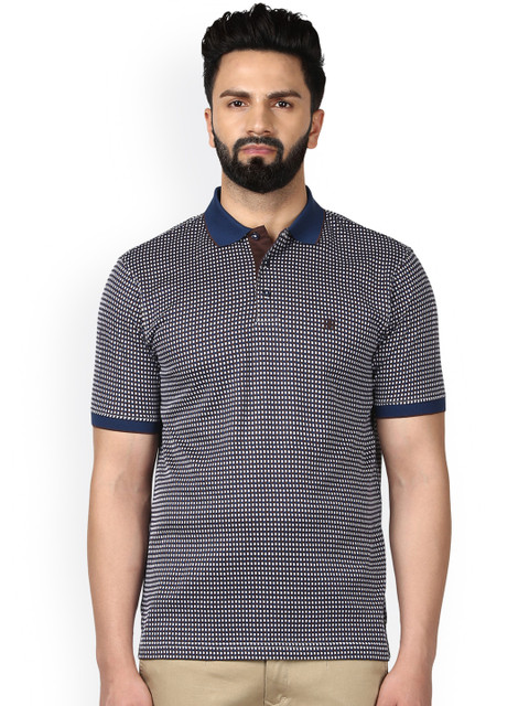 

Raymond Men Navy Blue & White Self-Design Polo Collar T-shirt