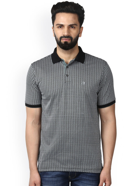 

Raymond Men Black & White Self-Design Polo Collar T-shirt