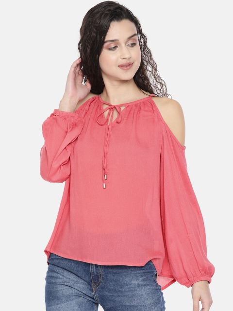 

FabAlley Women Coral Pink Solid Cold-Shoulder Pure Cotton Top
