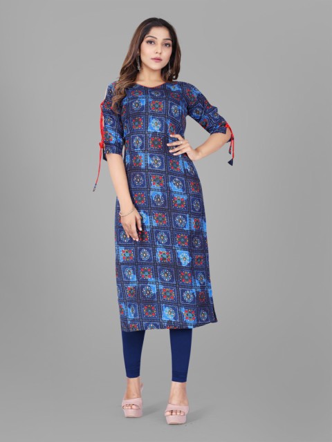 

RIVAMA Blue & Red Floral Printed Tie Up Sleeves Pure Cotton Kurta