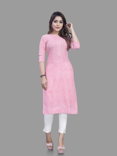 

RIVAMA Women Pink & White Bandhani Printed Gotta Patti Cotton Kurta