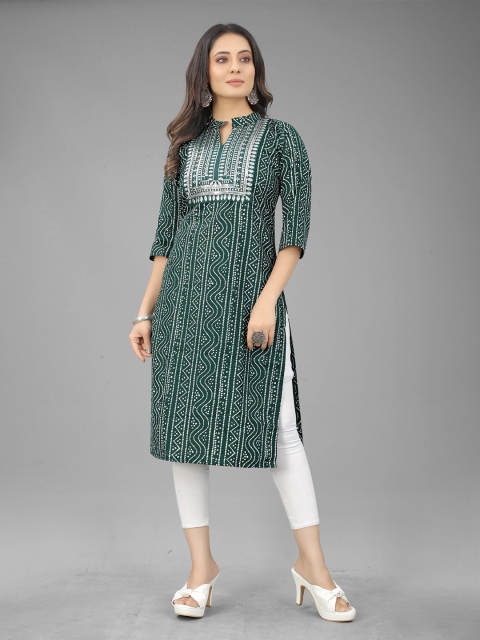 

RIVAMA Women Green Bandhani Printed Thread Work Pure Cotton Kurta
