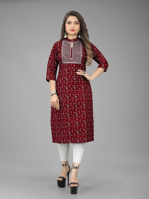 

RIVAMA Women Maroon Ethnic Motifs Printed Pure Cotton Kurta