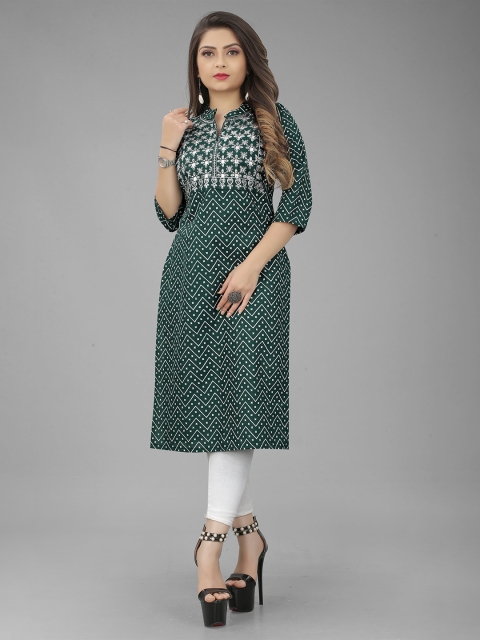 

RIVAMA Women Green & White Geometric Printed Zari work Cotton Kurta