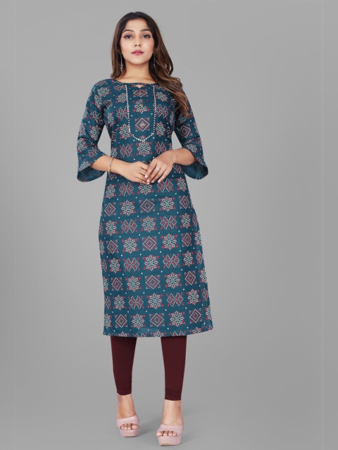 

RIVAMA Women Blue Ethnic Motifs Printed Keyhole Neck Flared Sleeves Kurta