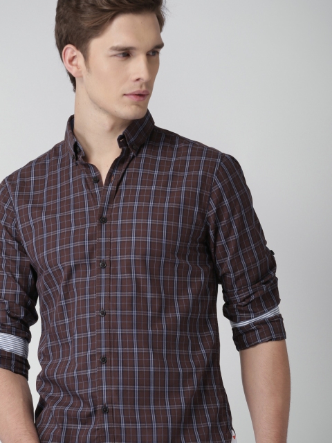 

INVICTUS Men Coffee Brown & Blue Slim Fit Grid Tattersall Checks Casual Shirt