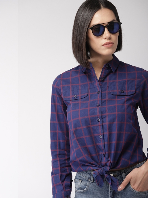 

Harvard Women Navy Blue & Maroon Checked Tie-Up Detail Casual Shirt