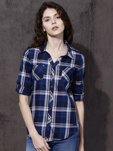 

Roadster Women Blue & Off-White Slim Fit Checked Casual Shirt