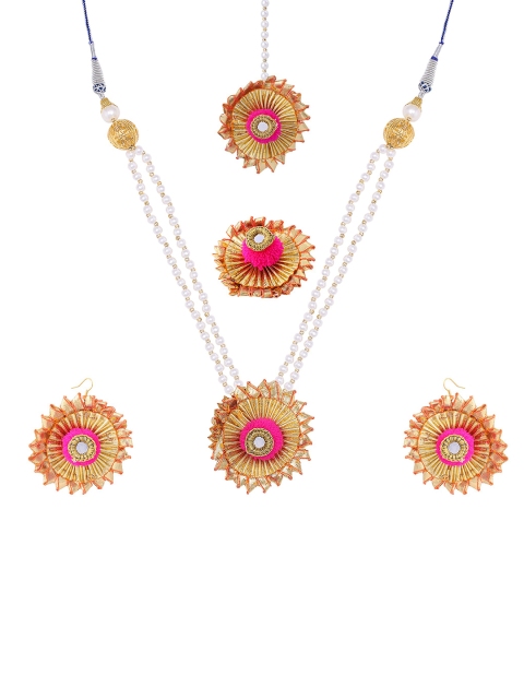

Sanjog Gold-Toned & Pink Floral Embellished & White Beaded Jewellery Set