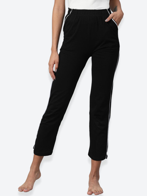 

NOT YET by us Women Pack of 2 Black & Navy Blue Solid Pure Cotton Lounge Pants