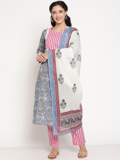 

Be Indi Women Blue Ethnic Motifs Printed Patchwork Pure Cotton Kurta with Trousers & With Dupatta