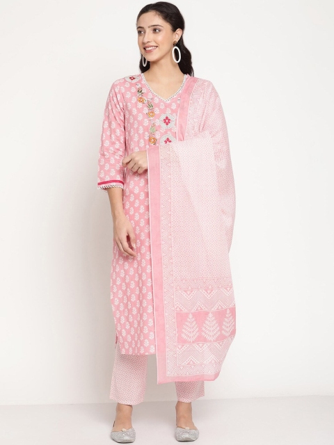 

Be Indi Women Pink Ethnic Motifs Printed Thread Work Pure Cotton Kurta with Trousers & With Dupatta