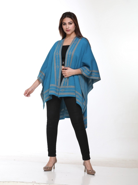 

KEIKO Women Blue And Beige Geometric Woven Design Bohemian Shrug