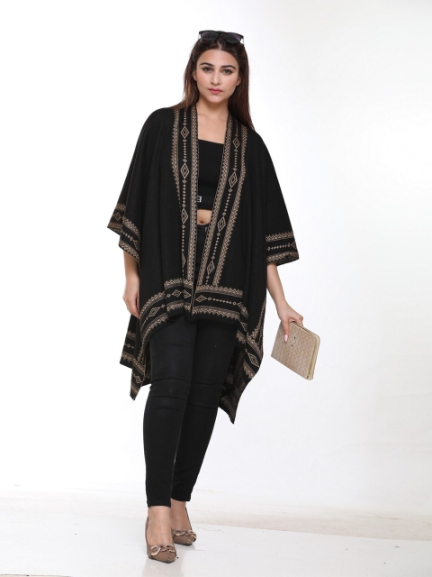 

KEIKO Women Black And Beige Geometric Woven Design Acrylic Shrug