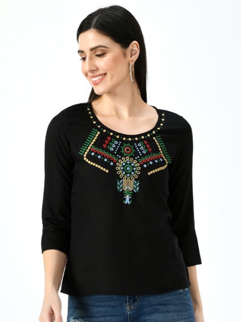 

TAARAA Women Black Embroidered Top