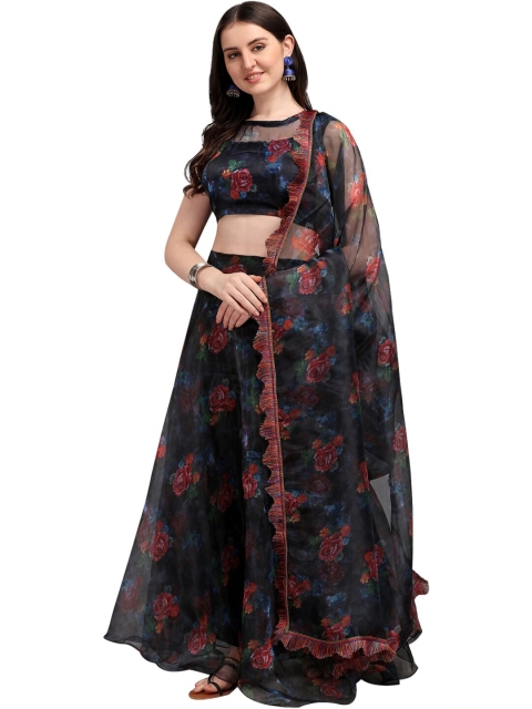 

SWEETPEL Black & Green Printed Ready to Wear Lehenga & Unstitched Blouse With Dupatta