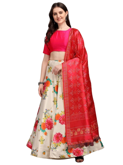 

SWEETPEL Beige & Red Ready to Wear Lehenga & Unstitched Blouse With Dupatta
