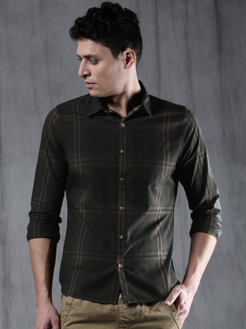 

WROGN Men Black & Brown Slim Fit Checked Casual Shirt