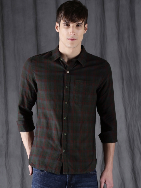 

WROGN Men Maroon & Olive Green Slim Fit Checked Casual Shirt