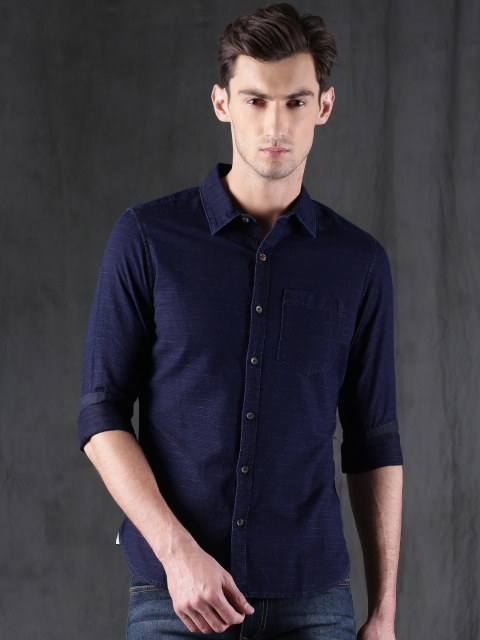 

WROGN Men Navy Blue Slim Fit Self Design Casual Shirt