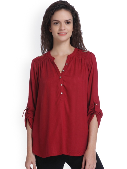 

ONLY Women Maroon Self-Design Shirt Style Top