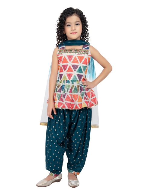 

BETTY Girls Blue & Orange Printed Top with Dhoti Pant Set
