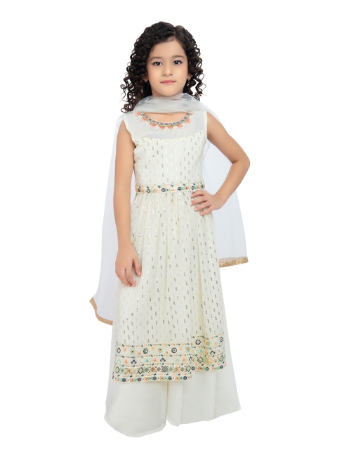 

BETTY Girls White & Green Embellished Kurta and Palazzo with Dupatta