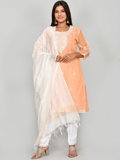 

Kesarya Women Peach-Coloured Embroidered Chikankari Kurta with Trouser & With Dupatta