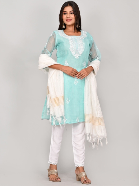 

Kesarya Women Sea Green Ethnic Motifs Embroidered Thread Work Kurti with Trouser & Dupatta