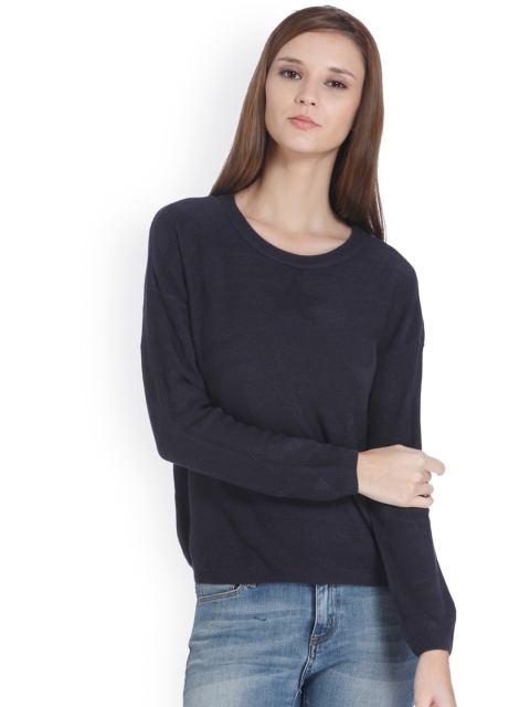 

ONLY Women Navy Self Design Pullover, Navy blue