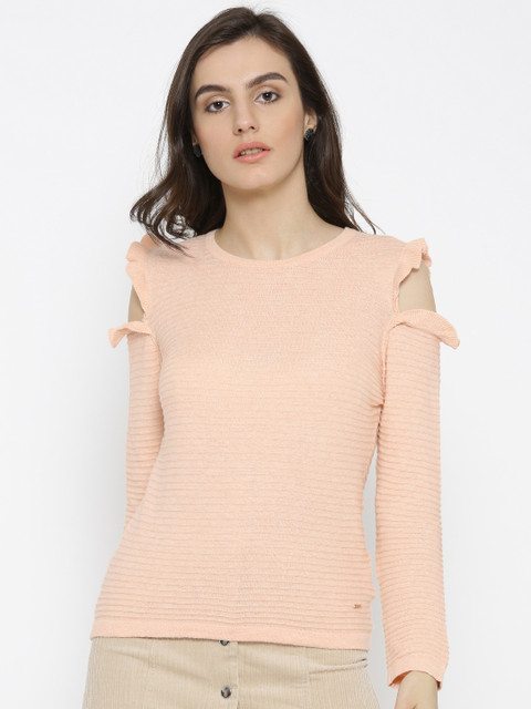

ONLY Women Peach Solid Cold-Shoulder Pure Cotton Top