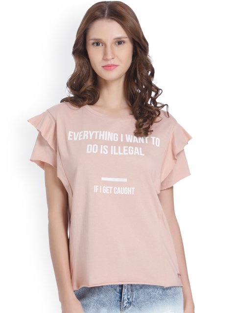 

ONLY Women Peach-Coloured Printed Round Neck T-shirt