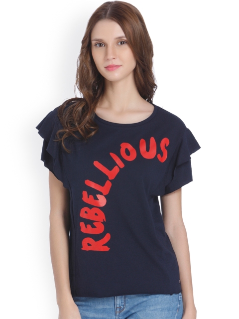 

ONLY Women Navy Blue Printed Round Neck T-shirt