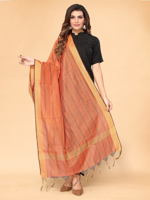

all about you Peach-Coloured & Gold-Toned Striped Silk Blend Dupatta