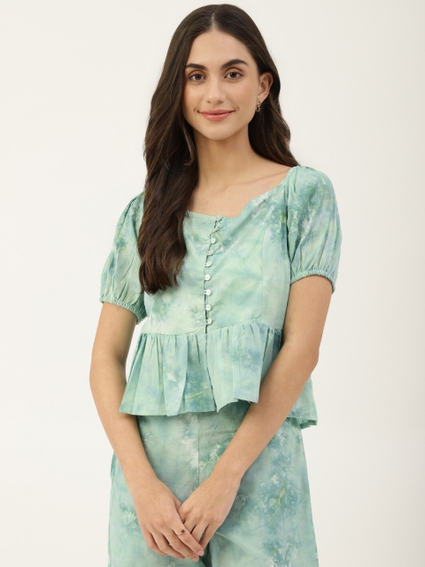 

DECKEDUP Women Sea Green & White Dyed Top with Trousers