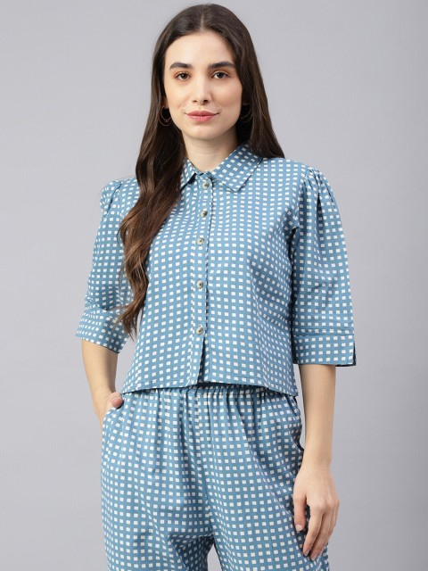 

DECKEDUP Women Blue Printed Shirt With Trouser