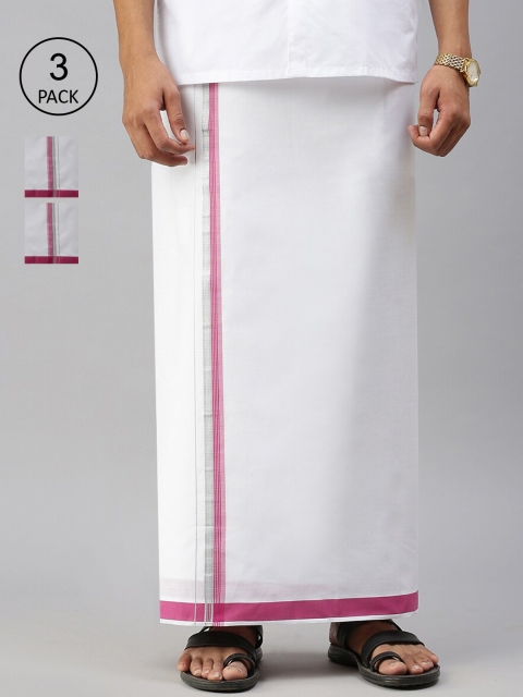 

Ramraj Men Pack Of 3 White And Pink Pure Cotton Border Dhoti With Border