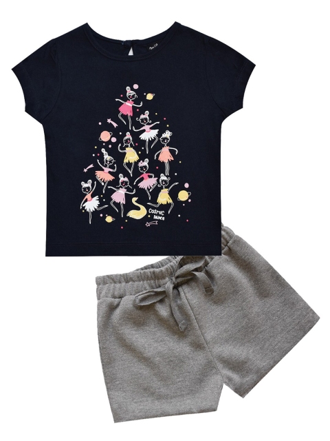 

milou Girls Navy Blue & Grey Printed Pure Cotton T-shirt with Shorts