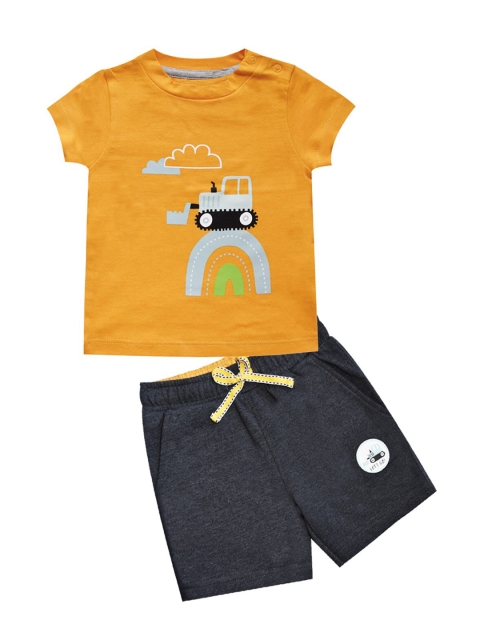 

milou Boys Mustard & Grey Printed Pure Cotton T-shirt with Shorts