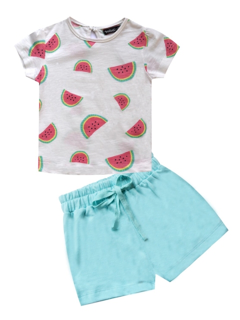 

milou Girls White & Red Printed Pure Cotton T-shirt with Shorts