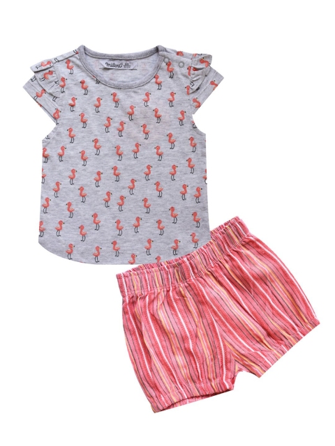 

milou Girls Grey & Coral Printed T-shirt with Shorts