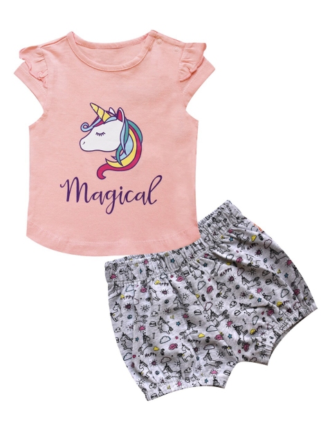 

milou Girls Printed T-shirt with Shorts, Peach
