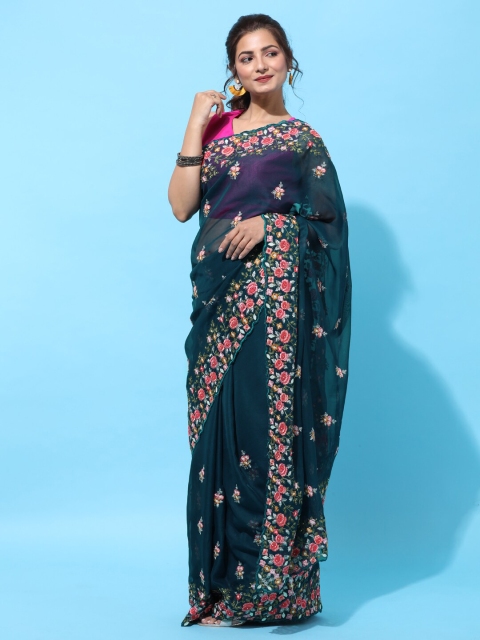 

kasee Blue & Pink Floral Organza Saree